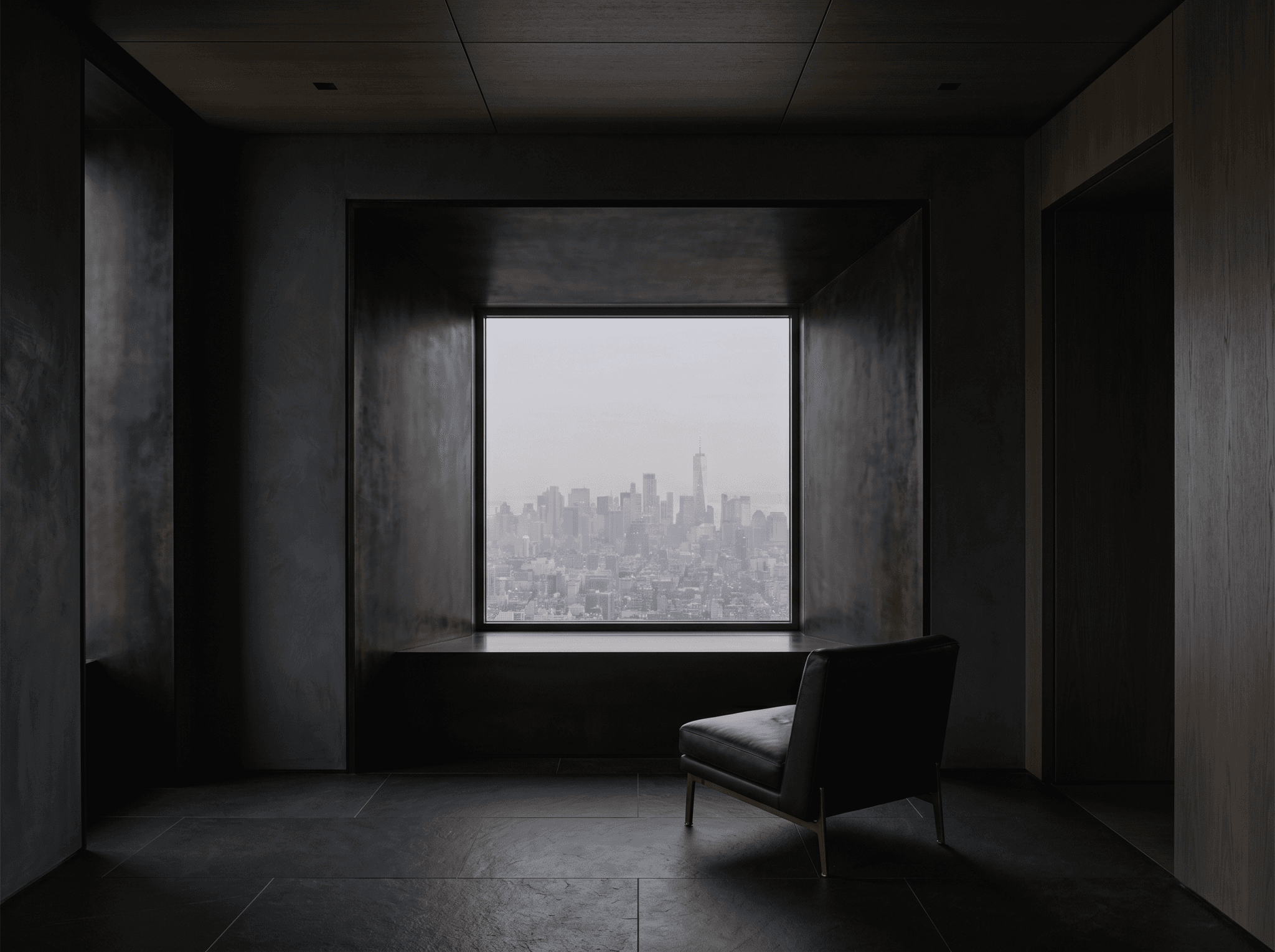 The Logic of Darkness: Smoked oak paneling capturing skyline reflections